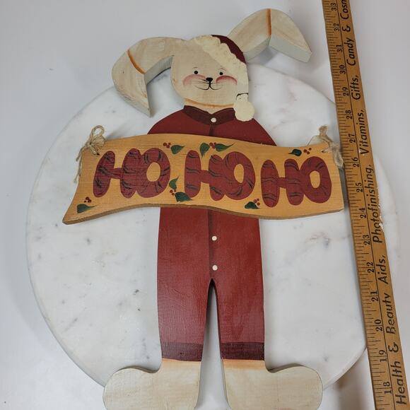 VINTAGE Bunny Santa Claus Ornament 15" HO HO HO Handmade Folk‎ Art Christmas - Picture 2 of 13